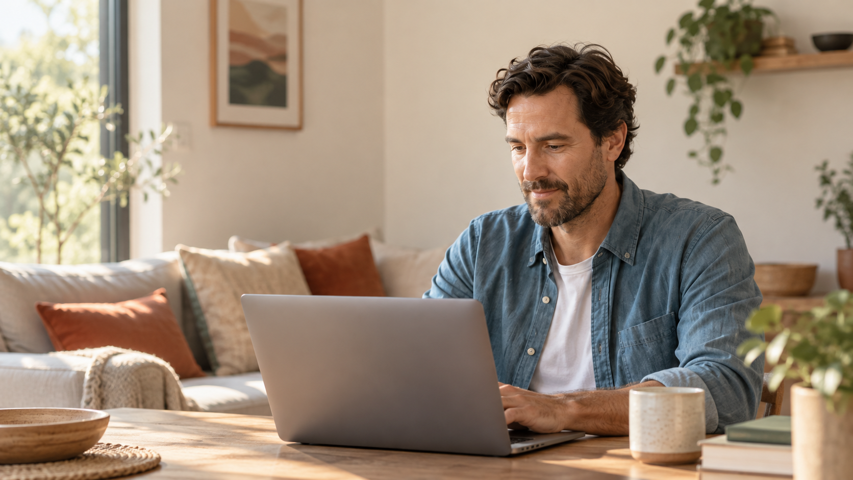 Adult man using a laptop at home in a relaxed, natural editorial setting.