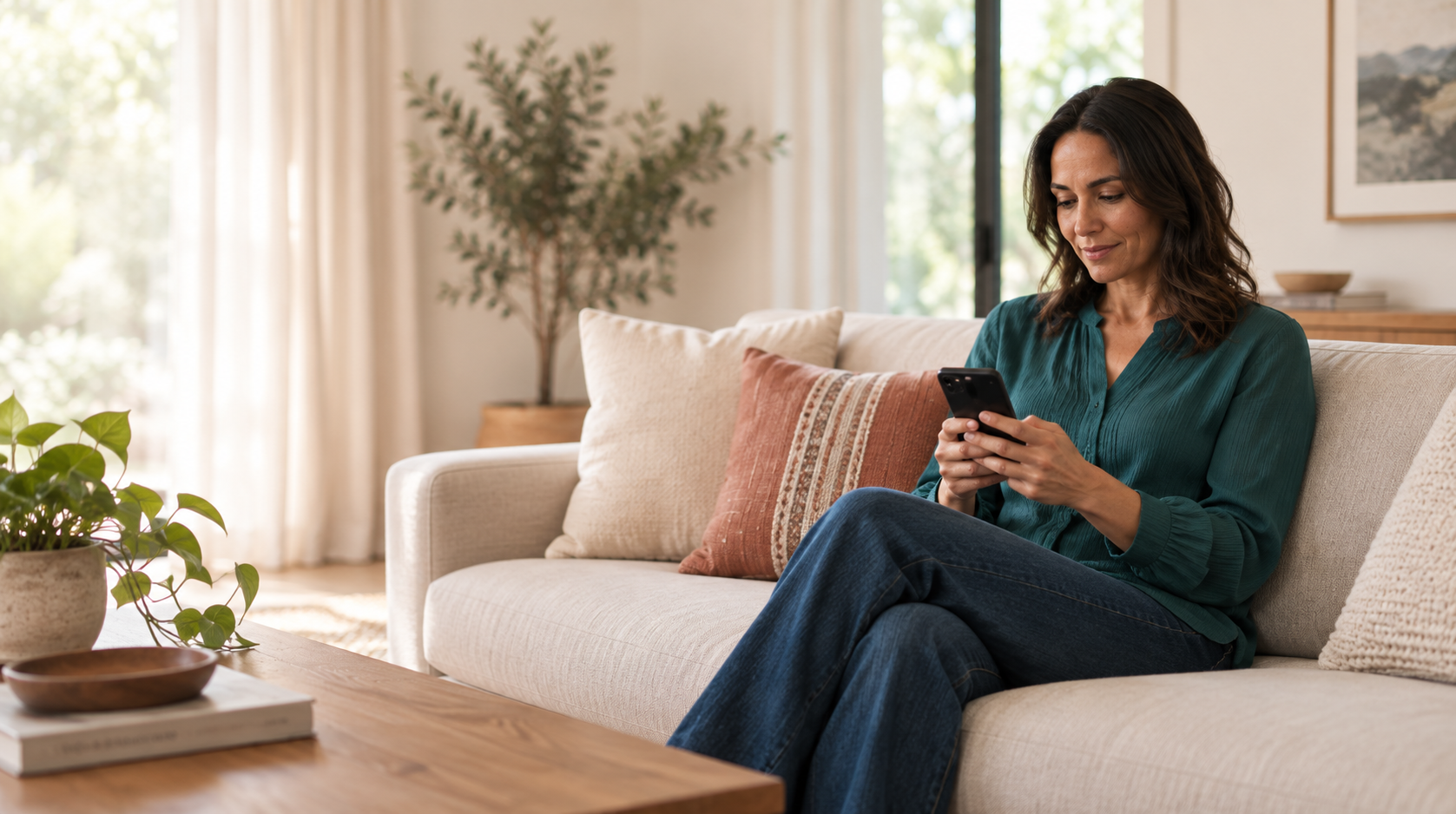 Adult woman using a phone in a warm home interior, composed to leave room for copy.